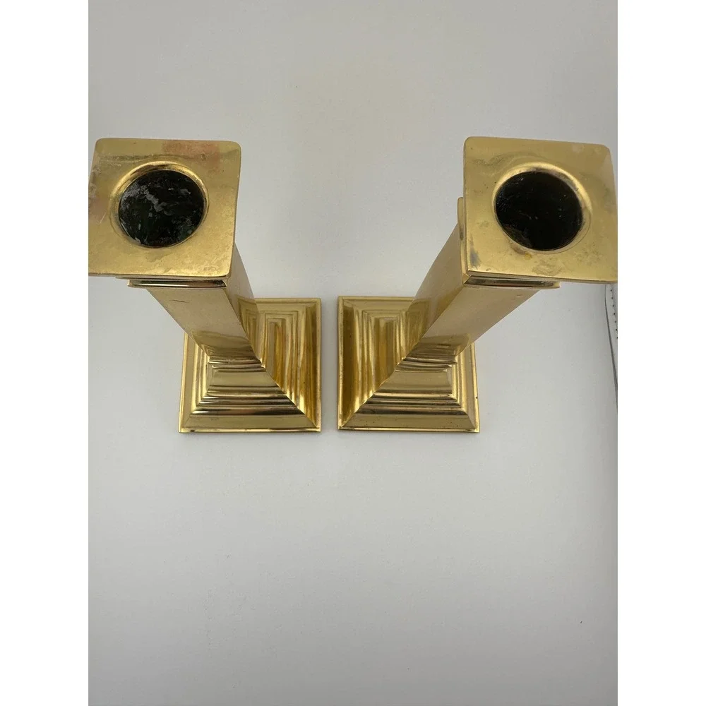 Jefferson Brass 8 Inch Heavy Polished Brass Candlesticks Pair Square Base Set 2